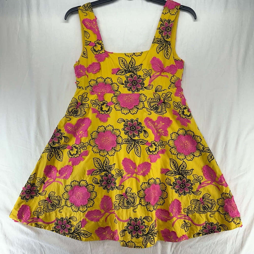 by Anthropologie Eliska Embroidered Yellow Pink Square Neck Dress Pockets Size 2